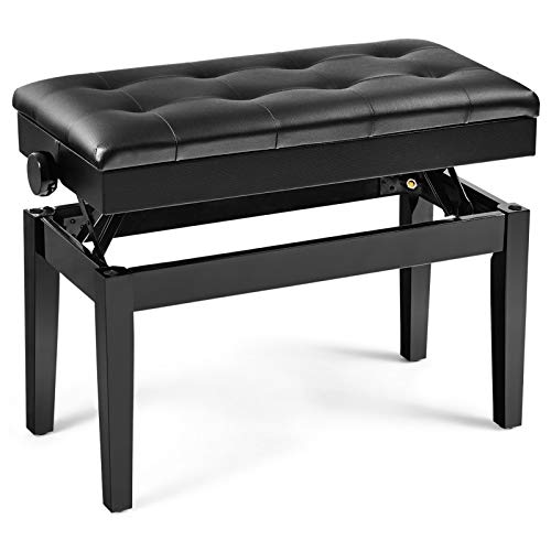 LIFEZEAL Tabouret de Piano Réglable en Hauteur 75 x 35 x 45-54 CM, Banc de Piano avec Boîte de Rangement, Siège de Piano en Cuir PU Cardre en Bois Massif et en Fer, Noir