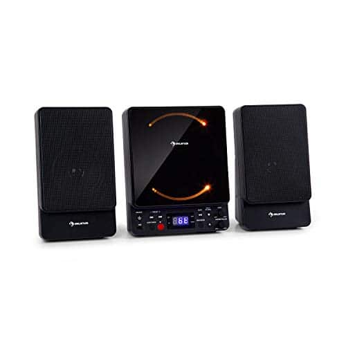 AUNA Microstar - Micro-chaîne Verticale, Lecteur CD, Bluetooth, Enceintes stéréo, Port USB, Tuner FM, AUX-in, écran LCD, éclairage d'ambiance, Installation Murale ou Pose Libre - Noir