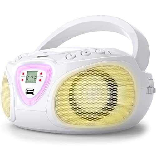 AUNA Roadie - Poste CD Enfant, Lecteur CD Enfant, Port USB, MP3, Tuner Radio AM/FM, Bluetooth 2.1/EDR, Entrée RCA-AUX-Jack 3,5 mm, Éclairage LED Multicolore, 2x1,5W (RMS) - Blanc