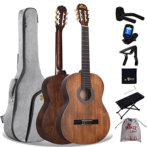 Winzz Guitare Classique Adulte Débutant, Guitare Classique 4/4 Nylon avec 7 Accessoires (39 Pouces, Marron Matte)