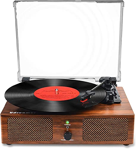 Udreamer Platine Vinyle, Tourne-Disque avec Haut-parleurs intégrés et entraînement par Courroie Bluetooth, phonographe Vintage avec 3 Vitesses Bois Marron