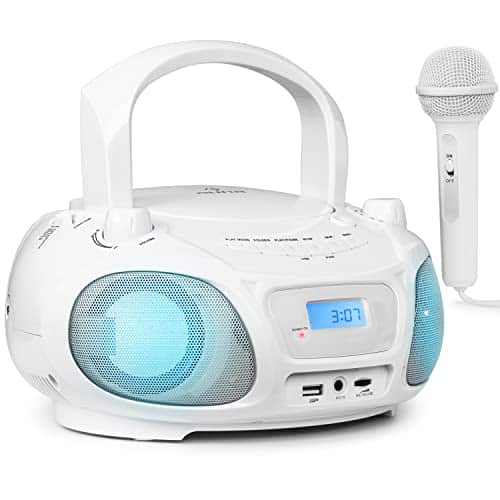 AUNA Roadie Sing - Appareil karaoké, Système Karaoke Complet, Lecteur CD, Port USB, MP3, Radio FM, Bluetooth 3.0, Eclairage LED, Fonctionnement sur Piles ou Secteur, Fonction Sing-A-Long - Blanc