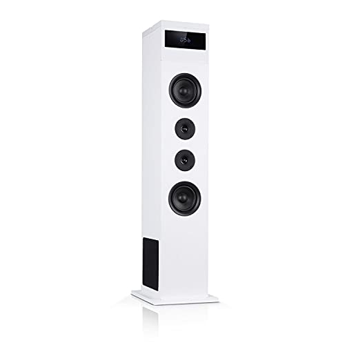 AUNA Karaboom 100 - système d'enceintes 2.1, Enceinte Tour, Enceinte 2.1, 120W Max, Bluetooth, Port USB 2 en 1, MP3, AUX-in, Support Tablette, Blanc