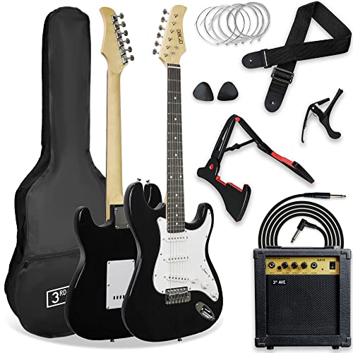 3rd Avenue XF Pack guitare électrique 4/4 taille standard avec ampli 10 W, jack, stand, housse de transport, sangle, jeu de cordes de rechange, médiators et capodastre – Noir