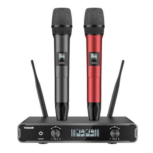 TONOR Microphones sans fil, Système de Micro Dynamique Sans Fil pour Karaoké avec Récepteur pour Karaoké, Home KTV, DJ, Mariage, Fête, église, 2x5 UHF Fréquences Ajustables, 60M TW450 Rouge et Gris