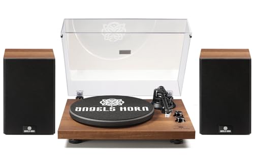 ANGELS HORN Platine Vinyle, Tourne Disque Système HiFi Bluetooth, Tourne Disque Vinyle Vintage avec Enceintes d'Etagère, Courroie à 2 Vitesses, Préampli Phono Intégré et Cartouche AT-3600L