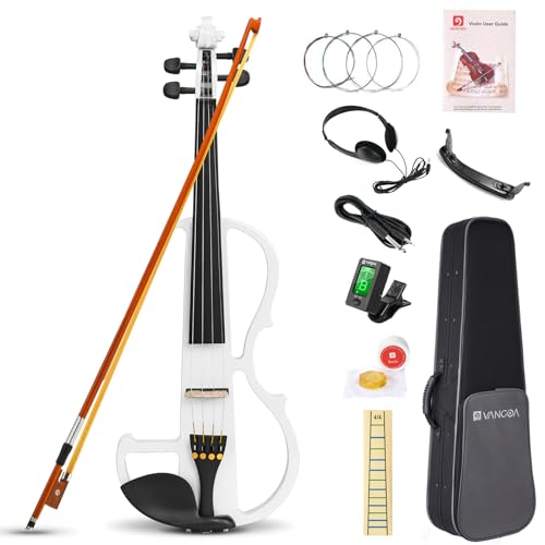 Vangoa Violon Électrique 4/4 Pratique Silencieuse Violon Pleine Grandeur pour Débutants Étudiants Adultes Adolescents avec Kits de Démarrage, Blanc