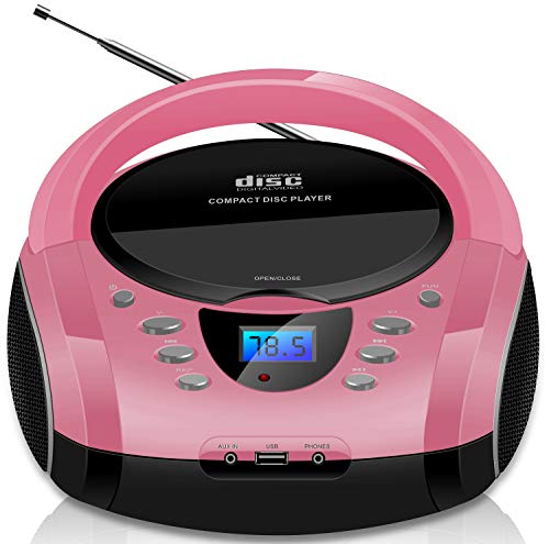 Boombox portable - CD/CD-R - USB - Radio FM - Entrée AUX-IN - Prise casque - Radio enfants - Radio CD - Chaîne stéréo - Système compact - Rose vif (Pretty Pink)