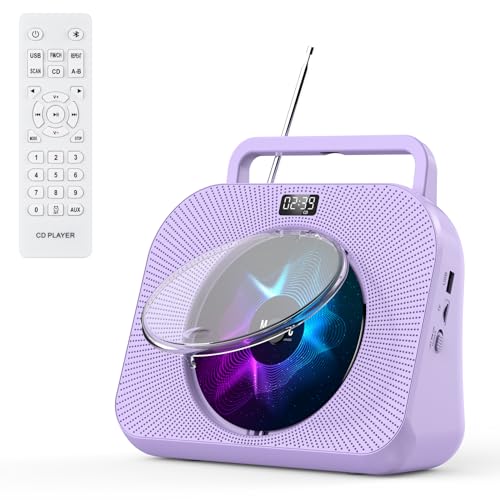 Gueray Lecteur CD Enfant Lecteur CD Bluetooth avec Haut-Parleur Lecteurs de CD avec Couvercle Anti-poussière et Musique de Sommeil Minuterie télécommande Radio Prise USB TF Carte AUX 3,5 mm Violet