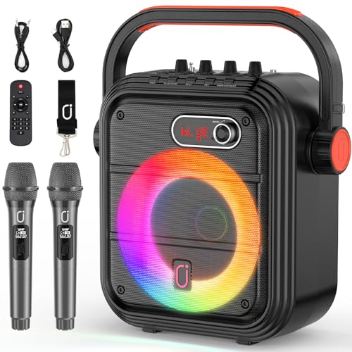 JYX Machine de karaoké avec 2 Microphones sans Fil, Enceinte Karaoke Complet avec Lumières de fête, Portable Système Karaoké Support TWS/AUX/FM/USB/TF Carte