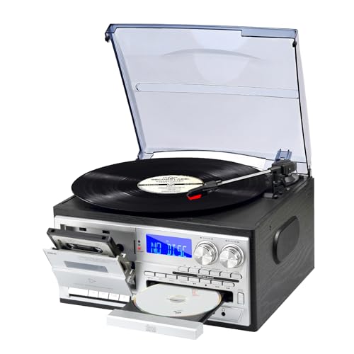 JORLAI 9 en 1 Platine Vinyle 3 Vitesses avec télécommande, Tourne-Disque Vinyle Bluetooth avec Haut-parleurs intégrés CD/Cassette Radio AM/FM USB/SD/MMC 3.5mm Aux-in/RCA-Out, Noir