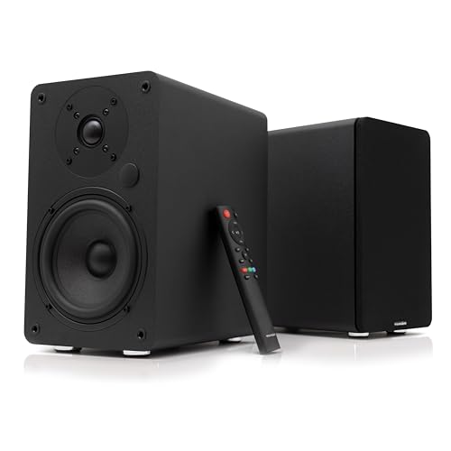 VULKKANO A5 Arc Enceintes Monitoring Active avec Woofer 5.25", Bluetooth 5.0, HDMI Arc, Optique, RCA, Coaxial, USB, Sortie Subwoofer, Enceinte Amplifiée HiFi au Design Élégant, Couleur Noire