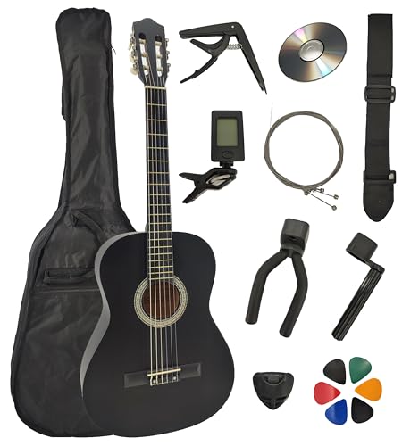 Pack Guitare Classique 4/4 (Adulte) + 6 Accessoires + Cour Vidéo et CD (Noir)