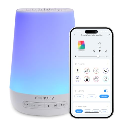 Momcozy Machine à Bruit Blanc,Sommeil à Bruit Blanc Portable pour Bébé Adulte,White Noise Machine avec 34 Sons,Bruit Blanc Bebe Thérapie,White Noise Machine Veilleuse 7 Couleurs,Contrôle APP,Timing