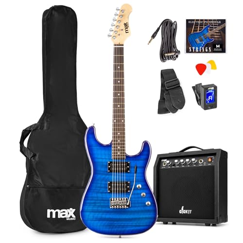 Max Pack Guitare Électrique Style Quilted avec Ampli 40 Watts et Nombreux Accessoires, Housse, Accordeur, Cordes de rechange, Sangle, Câble 3m et Médiators, Kit Complet pour Bien Débuter - Bleu