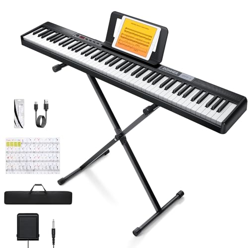 Donner Clavier numérique pour débutants 88 touches, touches sensibles à la vélocité, piano électrique portable avec support, pédale de sustain, housse de transport et autocollants pour clavier, DEP-1