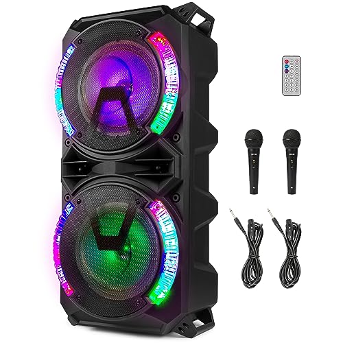 Fenton LIVE280 Enceinte Karaoke LED 2X 8”, 900W Max, 2 Microphones, Trolley et roulettes, Eclairage LED en Façade on/Off, USB et Micro SD, AUX, Connexion Bluetooth 5.0, sur Batterie ou Secteur