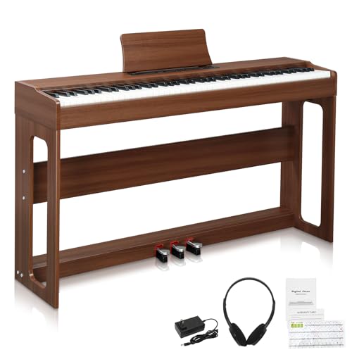 LEADZM Piano Numérique 88 Touches, Clavier Entièrement Lesté, Piano Électrique avec Double Bluetooth et Haut-Parleurs Stéréo, 128 Sonorités et Rythmes, Système à 3 Pédales, Noyer Noir