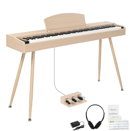 LEADZM Piano Numérique 88 Touches avec Support en Métal, Clavier Piano Entièrement Lesté, Piano Electrique avec 3 Pédales, 2 Systèmes Bluetooth, Adapté aux Débutants, Couleur Bois Naturel