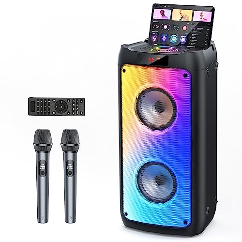 JYX Machine de Karaoké avec 2 Microphones, Karaoke Adulte Bluetooth Portable Éclairage RGB, Équipement de Karaoké pour Les Fêtes d'Amis, Les Événements Familiaux, Supporte TF/USB, AUX, FM, REC, TWS