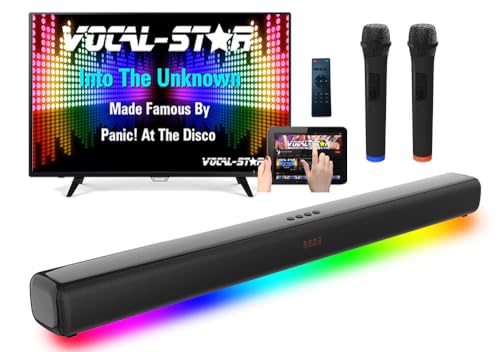 Vocal-Star Machine à karaoké, haut-parleur barre de son 300 W, 2 microphones UHF sans fil, effets de lumière, HDMI ARC, BT, AUX, optique, système de divertissement tout-en-un