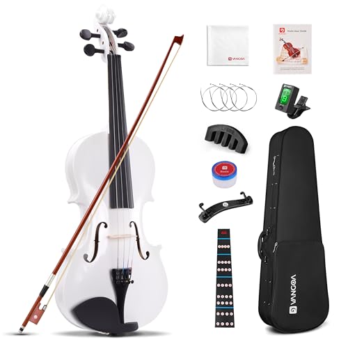 Vangoa Violon 4/4 Adulte Pleine Grandeur Acoustique Violon Débutant Violin Set avec Étui, Colophane, Épaulière, Accordeur, Cordes, Archet de Violon, Autocollant de Touche, Blanc