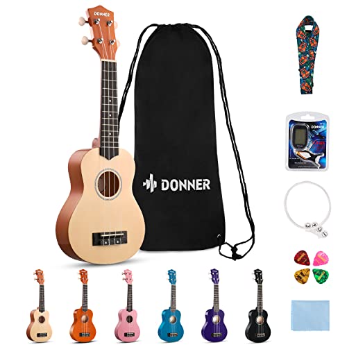 Donner Ukulélé pour Débutant Soprano Ukulélé Kit 21 pouces Adulte avec Sac Sangle Tuner, Online Leçon, Couleur Naturelle