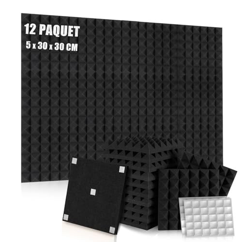 Lot de 12 panneaux de Mousse Acoustique Autocollants, Mousse Anti-bruit Panneau Acoustique haute densité isolant phonique, pour Podcasting, Studio d'enregistrement, Bureaux, 30x30x5cm