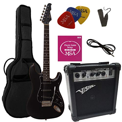 4/4 guitare electrique noir mat, Ensemble avec amplificateur 20 watts, sac, cordes, plectre