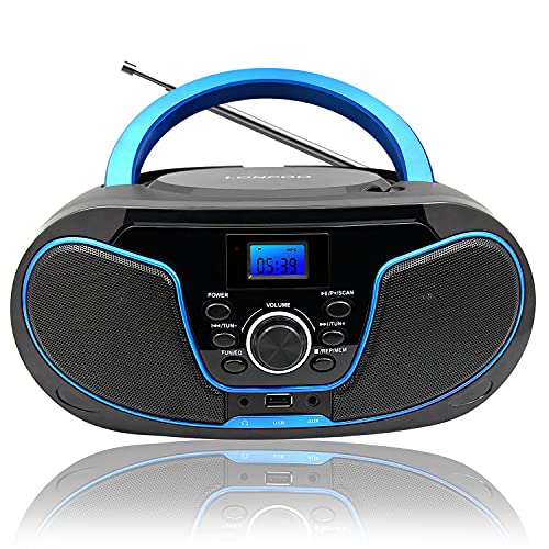 Lecteur CD avec Bluetooth, LP-D02 Radio FM Portable Stéréo avec Son Cristallin, Lecture MP3, Entrée USB et AUX, Prise Casque, Ecran LCD