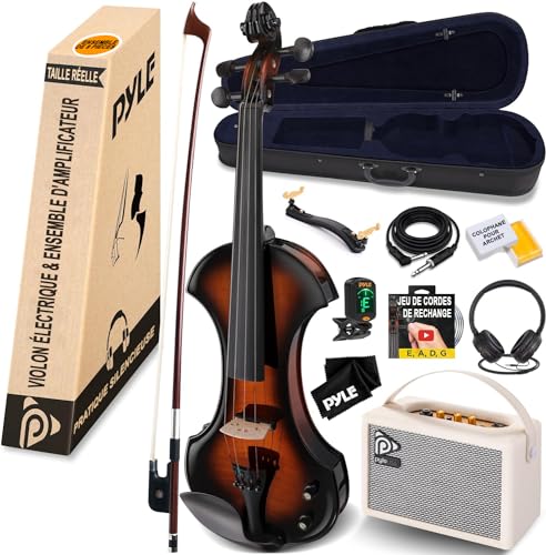 Pyle Violon électrique silencieux 4/4 de la marque, livré avec kit amplificateur – Violon en bois massif doté ampli 10 W et d'accessoires complets, un instrument à cordes orchestrales pleine grandeur