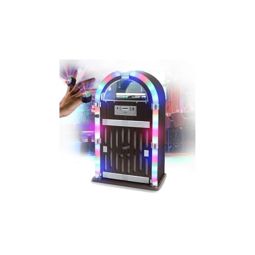 Chaîne HiFi Jukebox Retro 60W avec Tourne Disque Vinyle Bluetooth, CD, FM + télécommande, Lumières Bagues LED en Cadeaux