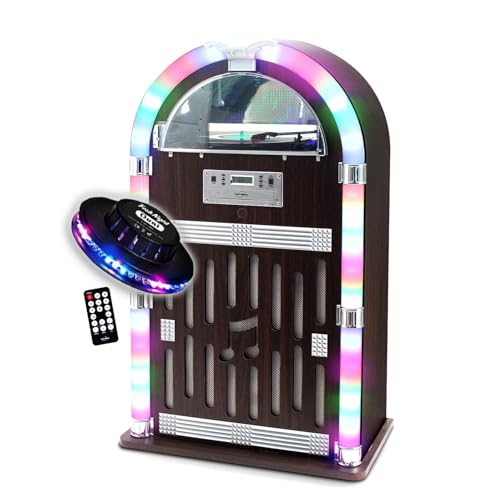 gef-roy Chaîne HiFi Jukebox Retro 60W avec Tourne Disque Vinyle Bluetooth, CD, FM + télécommande, Jeu de lumière OVNI LED