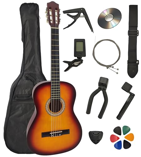 Pack Guitare Classique 4/4 (Adulte) + 6 Accessoires + Cour Vidéo et CD (Sunburst)