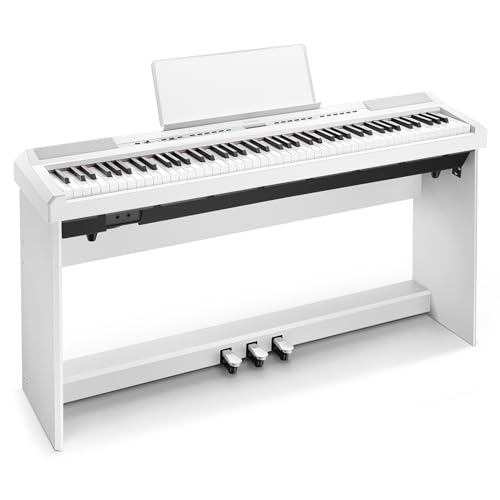 Donner DEP-20 Piano numérique 88 touches, 88 touches, mécanisme à marteau, lesté, pour débutants, avec pédale et support de piano, blanc