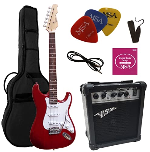 4/4 guitare electrique rouge transparent Ensemble avec amplificateur 20 watts, sac, cordes, plectre