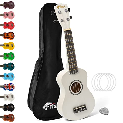 TIGER UKE7-WH Ukulélé Soprano pour Débutants avec Sac de Transport, Médiator en Feutre, Jeu de Cordes de Rechange Et Doté d'Un Jeu de Corde Aquila - Blanc