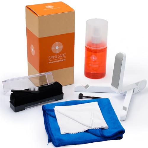 Kit Nettoyage Vinyle par SPINCARE | 5-en-1 Nettoyante pour LP Disques Vinyle, Antistatique Tampon Nettoyant en Velours, Support De Séchage/Présentoir Et Brosse pour Pointe De Lecture