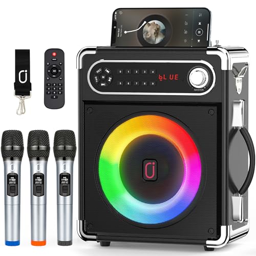 JYX Machine de Karaoké avec 3 Microphones sans fil et DJ Party Lights, Enceinte Bluetooth Portable pour Adultes et Enfants, Adaptée aux Réunions de Famille/Camping en Plein Air/Evénements de Groupe