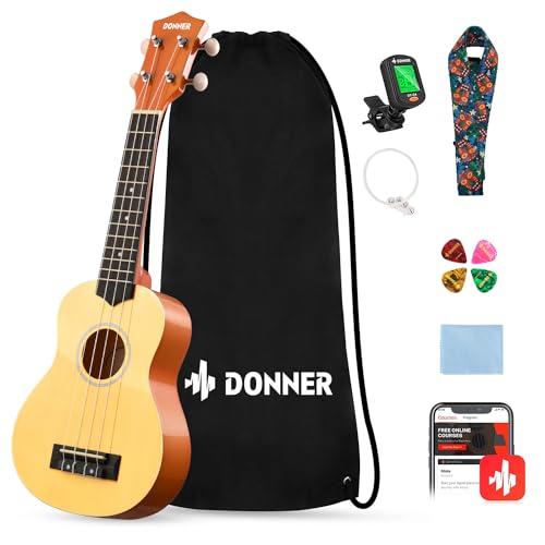 Donner Ukulélé pour Débutant Soprano Ukulélé Kit 21 pouces Adulte avec Sac Sangle Tuner, Online Leçon, Couleur Naturelle