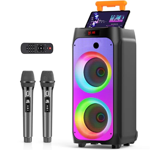 JYX Machine Karaoké pour Adultes, Enceinte Karaoké Bluetooth Portable avec 2 Microphones sans Fil, Party Box Idéale pour Les réunions de Famille/Le Camping en Plein Air