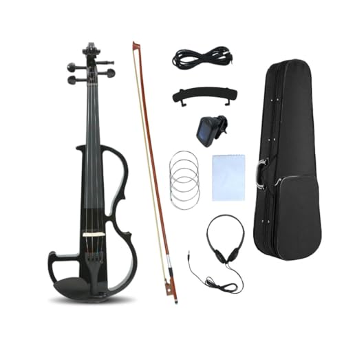 WUQIMUSC Violon électrique 4/4 pleine grandeur, silencieux, corps en bois massif, fixations en ébène avec étui, archet, casque, câble, cordes pour étudiants, débutants et adultes (noir)