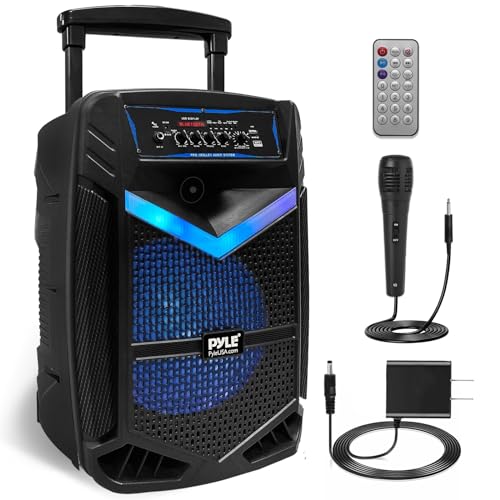 Pyle Enceinte Puissante - Enceinte Sono Portable 400W avec Batterie intégrée Rechargeable, Subwoofer 8" et Tweeter 1", Fonction d'enregistrement, Micro Filaire SD/USB/AUX Radio,Bluetooth,Eclairage LED