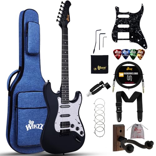 Winzz Guitare Électrique Adulte 4/4 Taille Pleine, Micro HSS, Guitare Électrique ST Kit pour Débutants, Enfants 12+ Ans Starter Pack avec 12 Accessoires (39" Matte Noir, Pickguard Blanc)