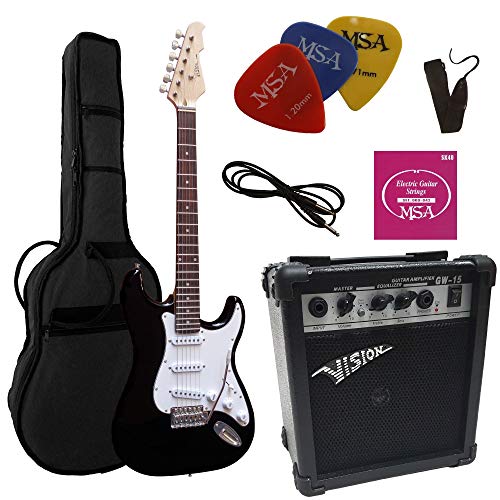 4/4 guitare electrique noir mat, Ensemble avec amplificateur 20 watts, sac, cordes, plectre