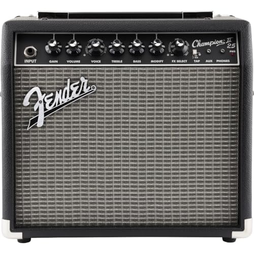 Fender Champion II 25, Combo Guitar Amp, 25W, Suitable for Electric Guitar, More Power, Upgraded Effects and Amp Models, Black/Silver