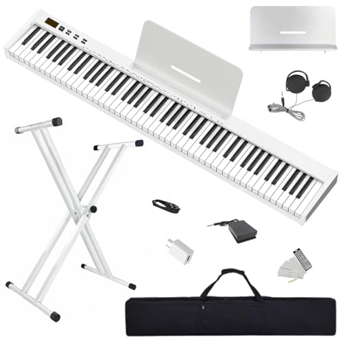 【Pack complet avec support】 Longeye Piano Numérique 88 Touches Clavier Électrique Semi-Lesté Compact et Portable pour Débutants, Sac de Transport, Pupitre, Pédale de Sustain,Blanc(slim-88)