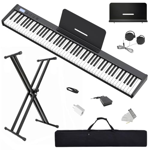 【Pack complet avec support】Longeye Piano Numérique 88 Touches Clavier Électrique Semi-Lesté Compact et Portable pour Débutants, Sac de Transport, Pupitre, Pédale de Sustain,Noir (Slim-88)