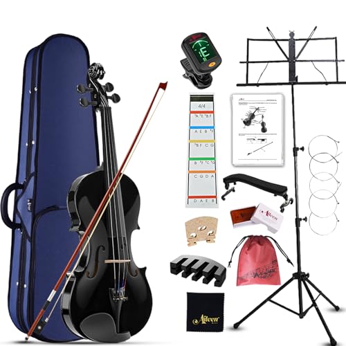 Aileen 4/4 Violon pour Adultes Débutants, Kit de Démarrage Violon pour Enfants 12+, Ensemble Violon Noir pour Etudiants avec 13 Accessoires, incluant Pupitre, Nouveau Sticker Exclusif pour la Doigt