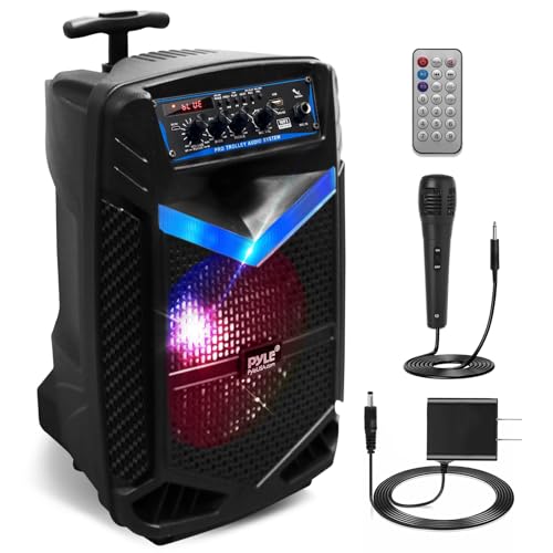 Pyle Enceinte Bluetooth Puissante,400W Enceinte Sono Portable avec Batterie Rechargeable,Subwoofer et Tweeter,Fonction d'Enregistrement, Micro Filaire SD,USB,AUX Radio, Eclairage LED et Roues, Noir